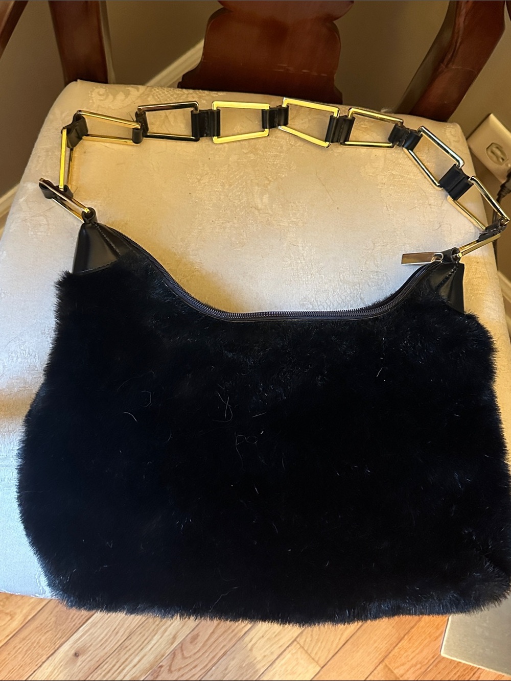 Charles-Hubert Paris like new black faux fur shoulder bag w/gold chain strap